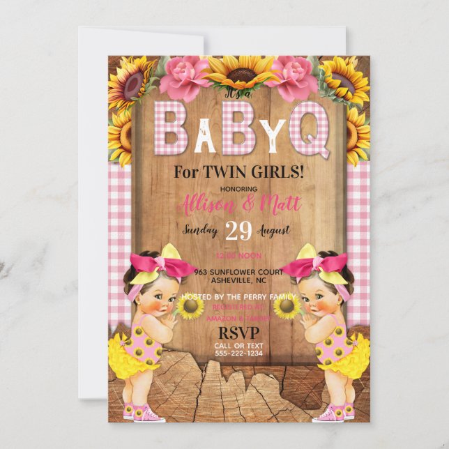 Twin Baby Girls Pink Sunflower Baby Q Barbecue Invitation (Front)