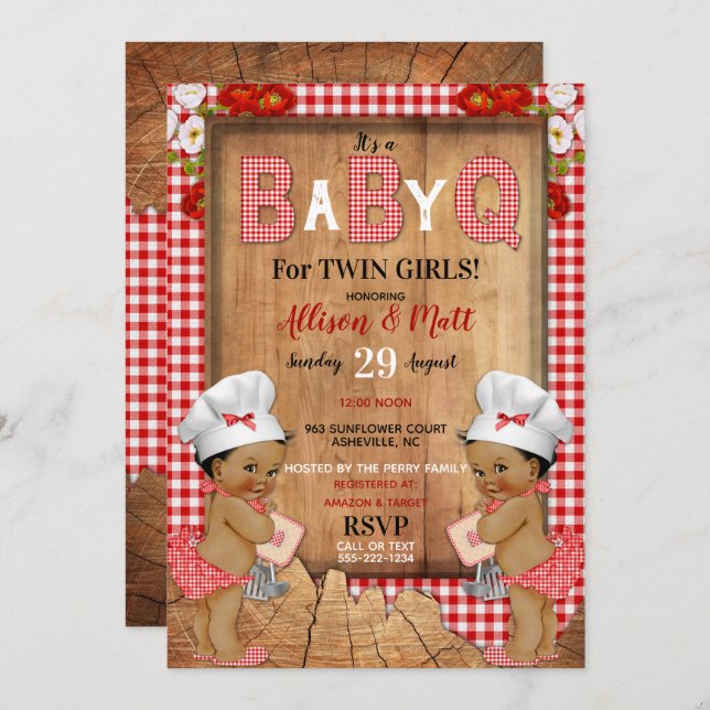 Twin Baby Girls Red Gingham Wood Baby Q Barbecue Invitation (Front/Back)