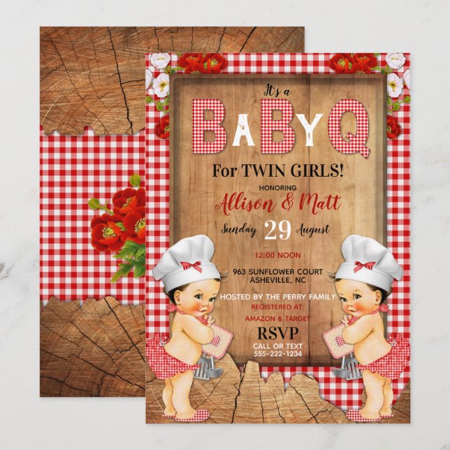 Twin Baby Girls Red Gingham Wood Baby Q Barbecue Invitation (Front/Back)