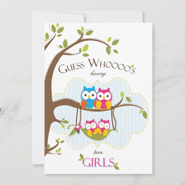 Twin Baby Girls Shower Invitation - Owl Family (Front)