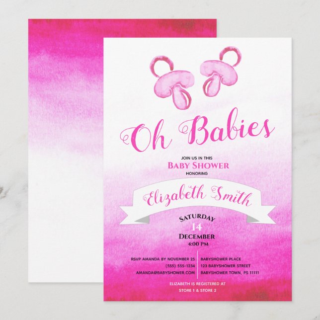 Twin Baby girls watercolor babyshower Invitation (Front/Back)