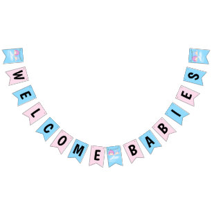 Twin Baby Goy and Girl on Clothesline Bunting