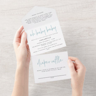Twin baby shower blue modern typography all in one invitation
