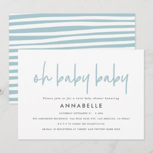 Twin baby shower blue modern typography simple invitation