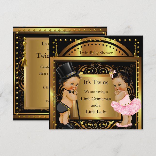 Twin Baby Shower Boy and Girl Gold Brunette Invitation (Front/Back)