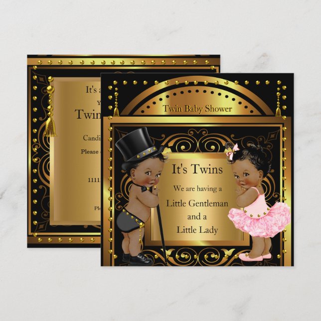 Twin Baby Shower Boy and Girl Gold Ethnic Invitation (Front/Back)