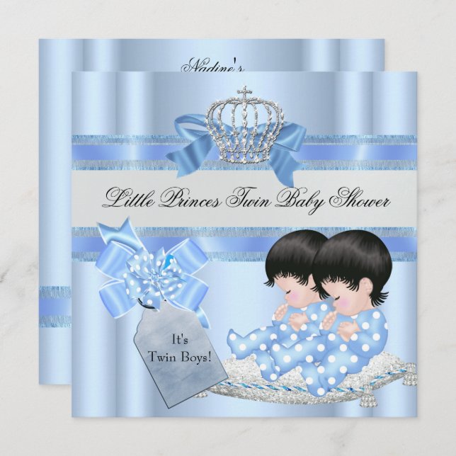 Twin Baby Shower Boys Blue Little Prince Crown 3C Invitation (Front/Back)