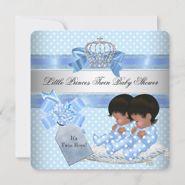 Twin Baby Shower Boys Blue Little Prince Crown Invitation (Front)