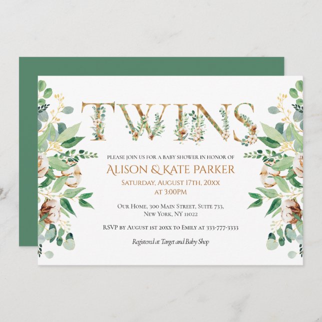 Twin Baby Shower | Cotton Eucalyptus Gold Alphabet Invitation (Front/Back)