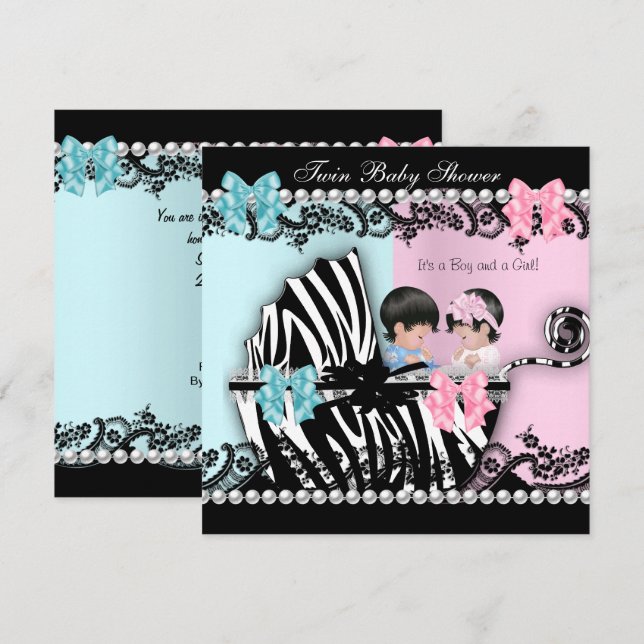 Twin Baby Shower Cute Girl Pink Boy Blue Zebra 2 Invitation (Front/Back)