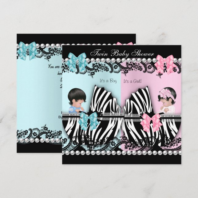 Twin Baby Shower Cute Girl Pink Boy Blue Zebra Invitation (Front/Back)