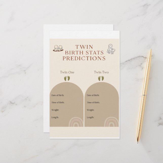 Twin Baby Shower Game – Birth Stats Predictions Ca Stationery (Front/Back In Situ)