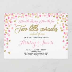 Twin Baby Shower Invitation Girls Pink and gold