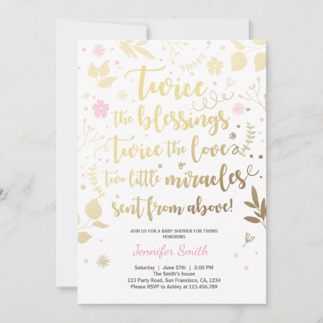 Twin Baby Shower Invitation Gold Pink Girl shower (Front)