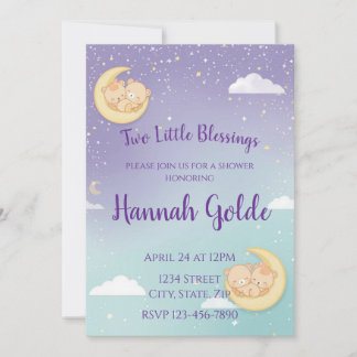 Twin Baby Shower Invitation Sleeping Animals Moon