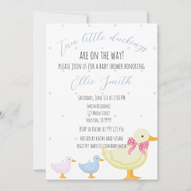 Twin Baby Shower Invitation, two ducklings Invitation (Front)