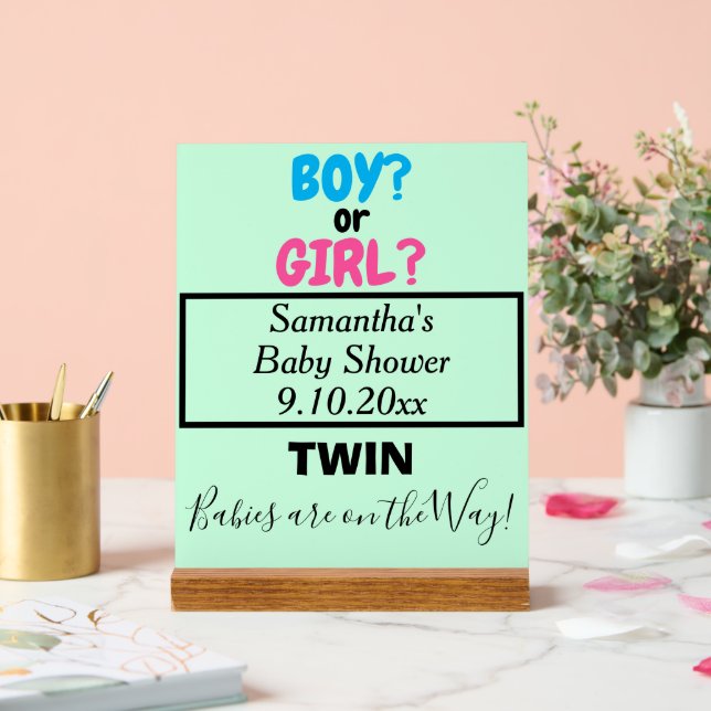 Twin Baby Shower Pink Blue Mum to Be NAME Green Acrylic Sign (Wedding)