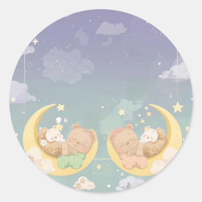 Twin Baby Shower Sticker Sleeping Animals Moon (Front)