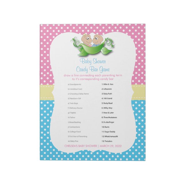 Twin Baby Shower - Two Peas In A Pod Candy Game Notepad (Rotated)