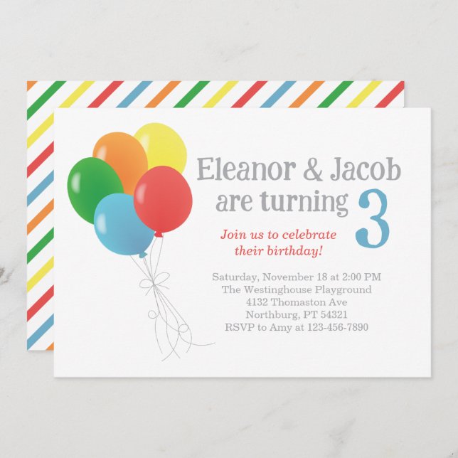 Twin Balloon Birthday Invitation for Classic Party (Front/Back)