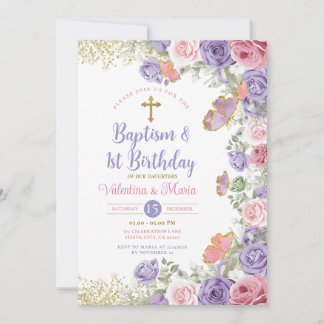 Twin Baptism & 1st Birthday Purple and Pink Floral Invitation