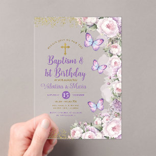 Twin Baptism & 1st Birthday Purple Floral Cross Acrylic Invitations