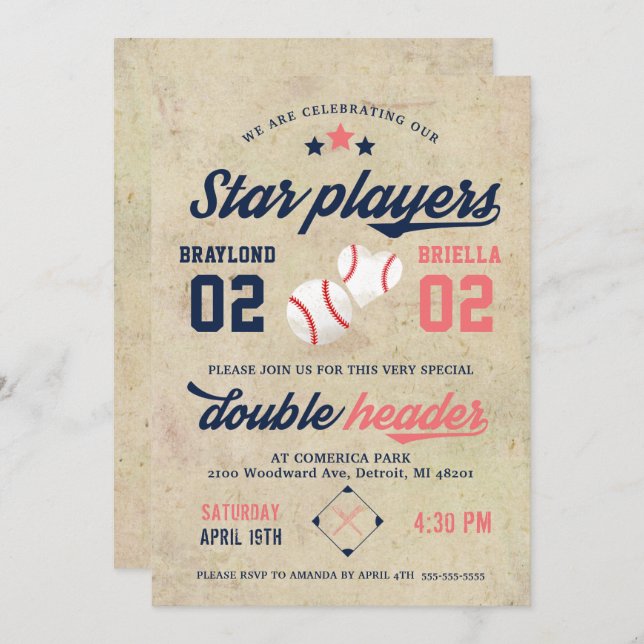 Twin Baseball Birthday Invitation Boy Girl (Front/Back)