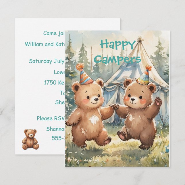 Twin Bear Birthday Digital Download Invitation (Front/Back)