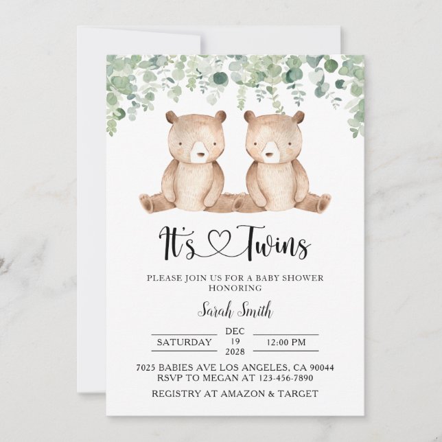 Twin Bears Baby Shower Invitations (Front)