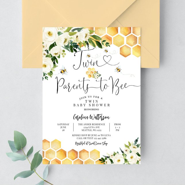 Twin Bee Parents to Gender Neutral Bee Baby Shower Invitation (Creator Uploaded)