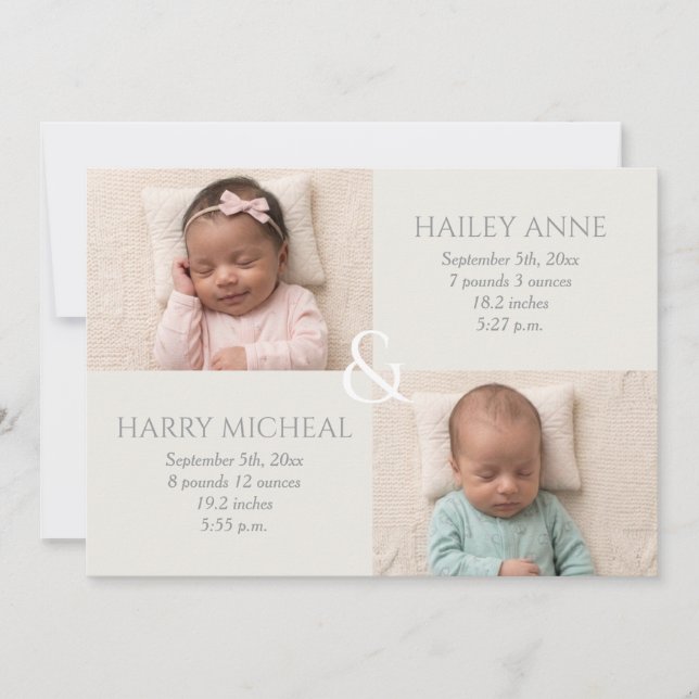 Twin Birth Ivory Grey Announcement (Front)