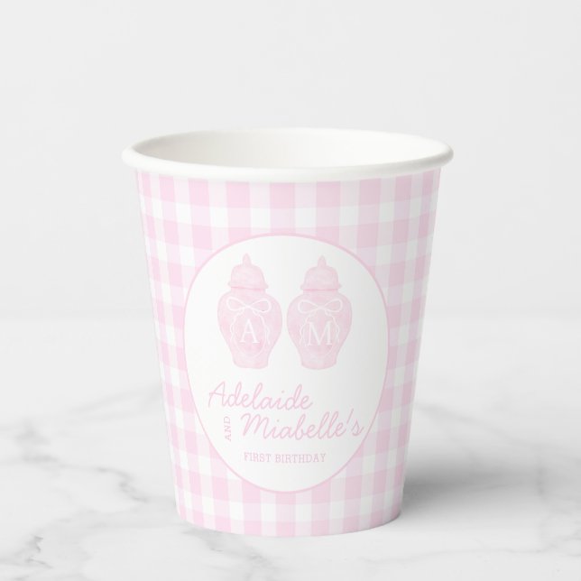 Twin Birthday Ginger Jars Coquette Pink Gingham  Paper Cups (Front)