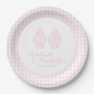 Twin Birthday Ginger Jars Coquette Pink Gingham  Paper Plate