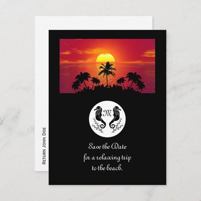 Twin Black Seahorse Silhouette Monogram Photo Invitation Postcard (Front/Back)