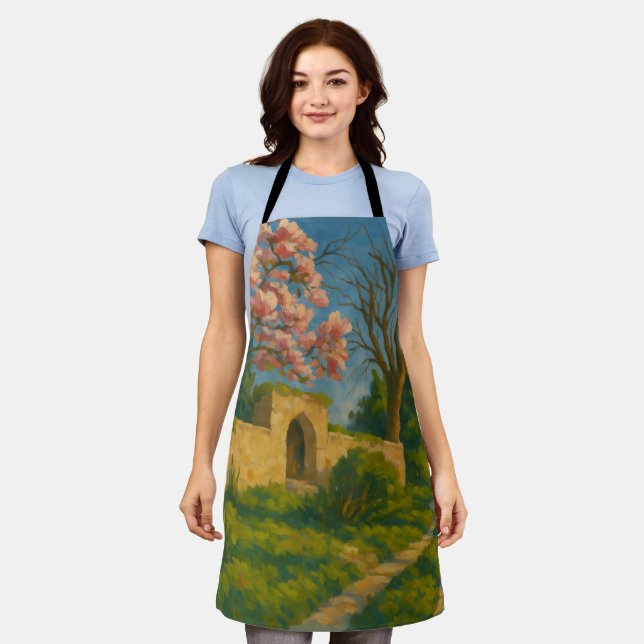 Twin Blossoms – Tranquil Garden Path Painting Apron (Worn)