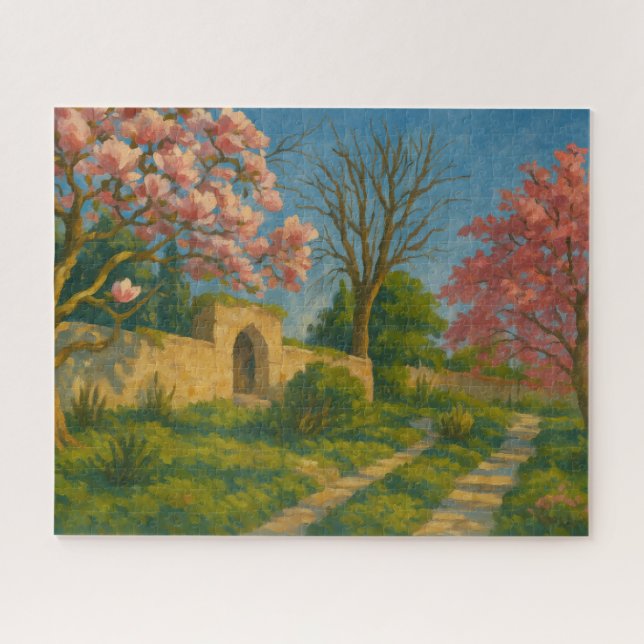 Twin Blossoms – Tranquil Garden Path Painting Jigsaw Puzzle (Horizontal)