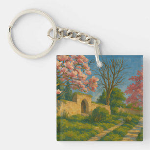 Twin Blossoms – Tranquil Garden Path Painting Key Ring