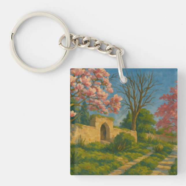 Twin Blossoms – Tranquil Garden Path Painting Key Ring (Front)