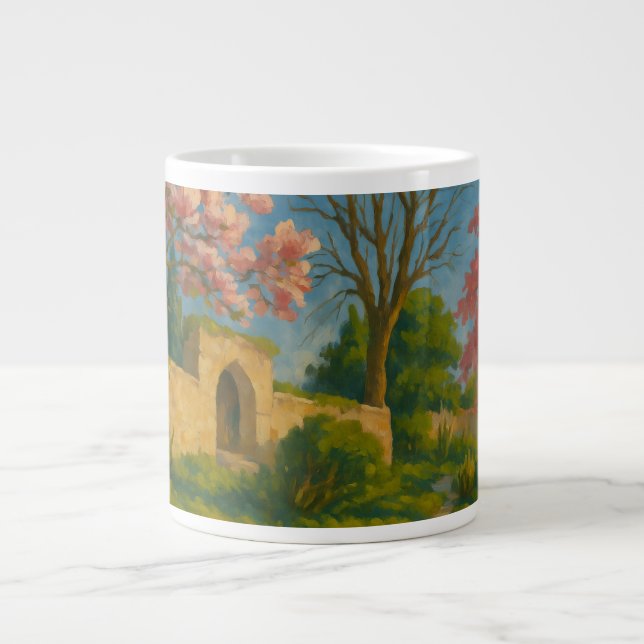 Twin Blossoms – Tranquil Garden Path Painting Large Coffee Mug (Front)