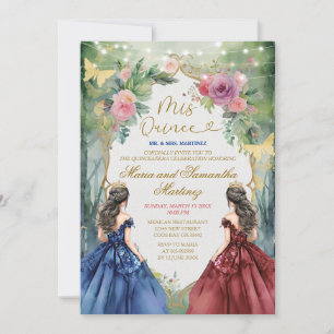 Twin Blue and Red Dress Floral Princess Mis Quince Invitation