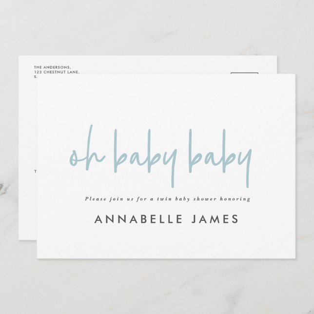 twin blue modern typography contemporary invitation (Front/Back)