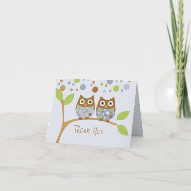 Twin Blue Owls Thank You Note Card (Front)