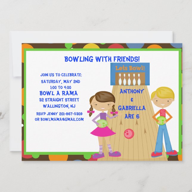 Twin Bowling Birthday Party Invitation (Front)