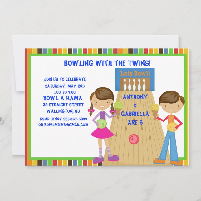 Twin Bowling Birthday Party Invitation (Front)