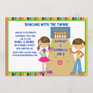 Twin Bowling Birthday Party Invitation