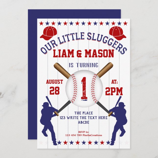 Twin, Boy 1st Birthday, Little Slugger, Baseball Invitation (Front/Back)