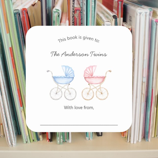 Twin boy and girl Baby Shower bookplate Square Sticker (Creator Uploaded)