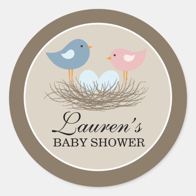 Twin Boy Baby Bird's Nest Baby Shower Classic Round Sticker (Front)