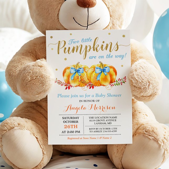 Twin Boy Baby Shower Two Little Pumpkins Blue Invitation (Creator Uploaded)