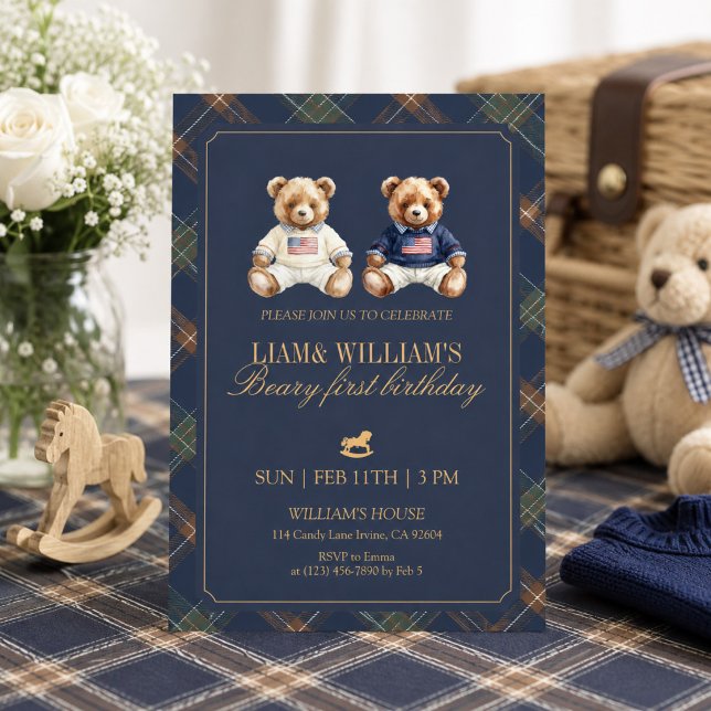 Twin Boy Beary First Birthday Teddy Bear Invitation (Creator Uploaded)